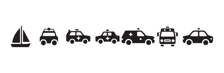 Collection of black transport icons featuring sailboat ambulance police car and sedan vehicle © MST