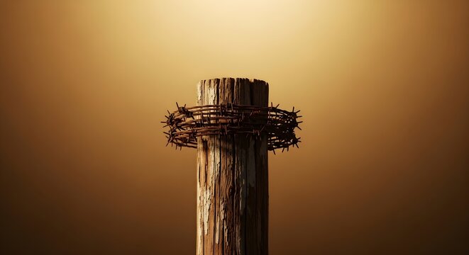Sacred Crown of Thorns Rests on a Weathered Wooden Beam, Evoking Concepts of Sacrifice, Suffering, and Divine Redemption in a Spiritual Light