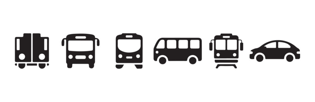 Public transportation icons set including bus train and car silhouette vector graphics design