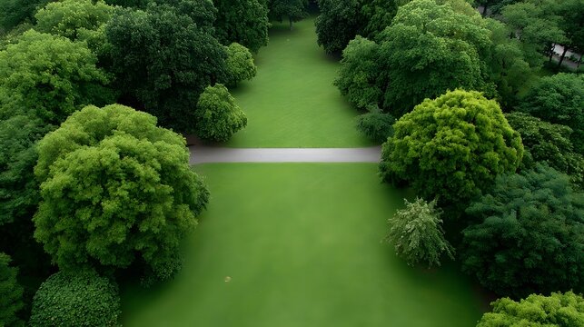 Aerial view of a lush green park with a pathway bisecting the manicured lawn and surrounded by dense trees on a sunny day