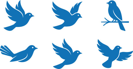 Set of blue bird silhouettes, flying and perched on branches, elegant avian icons for nature, freedom, and wildlife design © Hanifer
