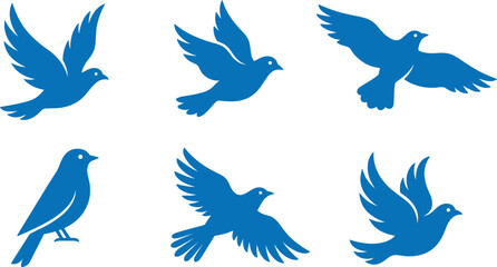Obraz premium Blue bird silhouettes in various flying and perched poses, set of minimalist avian vector icons for nature and wildlife design, 18 words