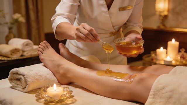 Hair removal services for women's legs using sugar and laser techniques at a salon.