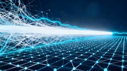 Obraz premium Abstract representation of a neural network with a bright light beam and connected nodes, symbolizing high-speed data transfer, artificial intelligence, and fiber optics.