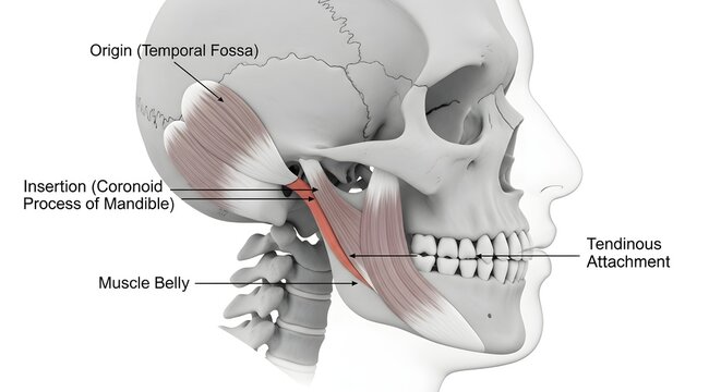 High detailed anatomical illustration of temporalis muscle on lateral skull showing origin at temporal fossa, muscle belly, tendinous attachment and insertion on coronoid process of mandible, perfect 
