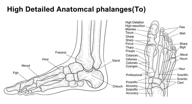 High detailed anatomical illustration of foot phalanges and tarsal bones from lateral and dorsal views showing toes, metatarsals, cuneiforms, cuboid, talus and calcaneus labeled, perfect for podiatry,