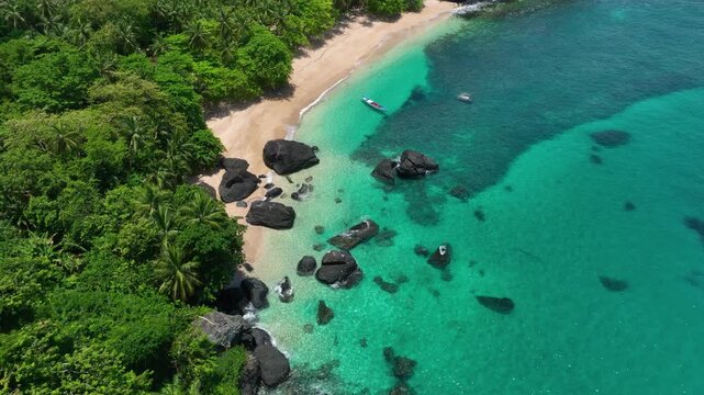 Tropical sand beach on S&atilde;o Tom&eacute; and Pr&iacute;ncipe, drone perspective