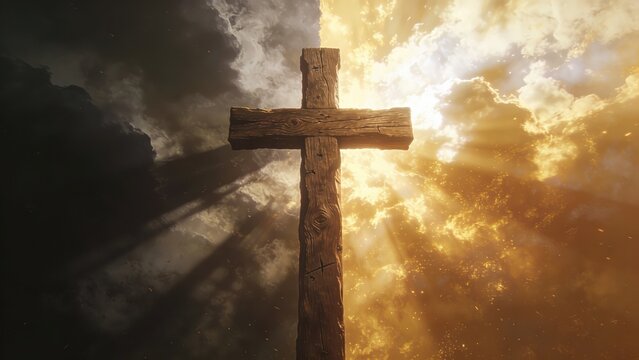 Jesus Christ's cross against a backdrop of sorrow, darkness, and radiant light.