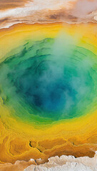 Fototapeta premium Stunning aerial view of a vibrant geothermal pool with colorful rings circling a deep center. Wisps of steam rise from the hot, mineral waters, creating a otherworldly wonder in a volcanic landscape