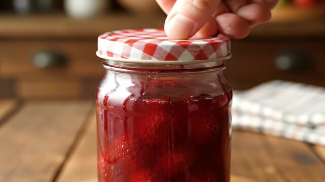 A hand touches a jar lid filled with red jam, set on wood, the background is blurry
