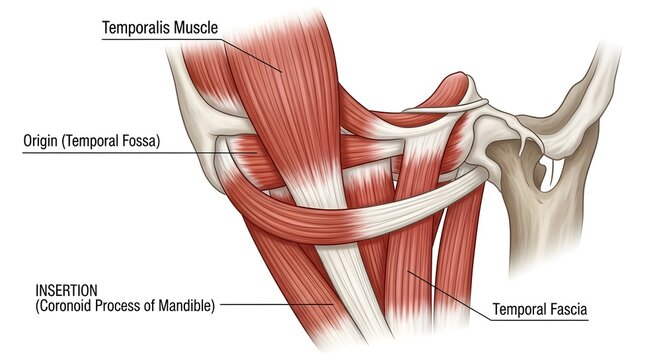 High detailed anatomical medical illustration of temporalis muscle showing origin on temporal fossa, insertion on coronoid process of mandible and temporal fascia, ideal for dentistry, maxillofacial s