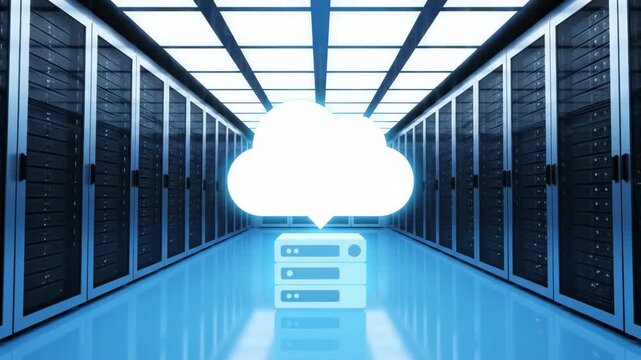 A modern server room featuring rows of illuminated server racks with a central glowing cloud icon symbolizing data transfer and cloud computing technology.