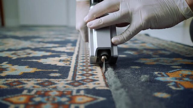 Carpet being cut with a carpet cutter tool by a gloved hand, showcasing the process of trimming and shaping the carpet edges for installation or