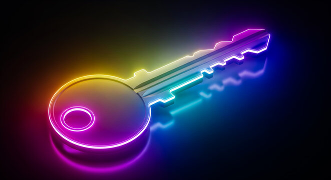 key to successA sleek, futuristic digital key with a vibrant rainbow neon glow, representing cutting-edge security, exclusive access, innovative solutions, and the gateway to unlocking new possibiliti