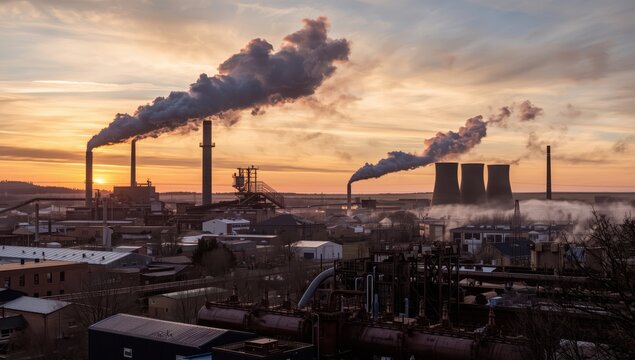 Operational factory with chimneys releasing smoke.