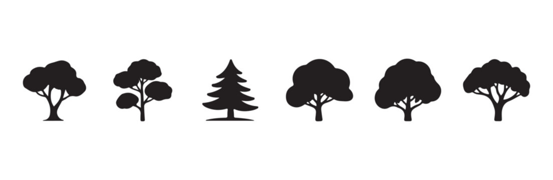 Five different broadleaf trees and one stylized pine tree presented as black vector shapes