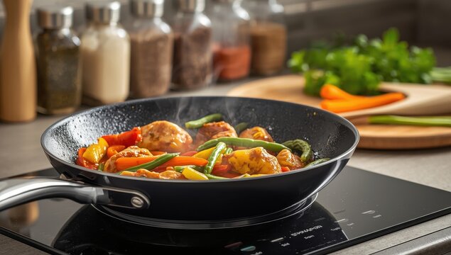 Preparing vegetable chicken curry in a frying pan on an induction stove.