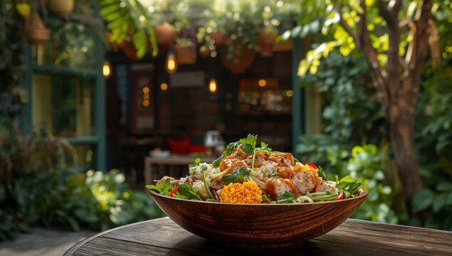 Salad with crispy rice and fermented pork sausage.