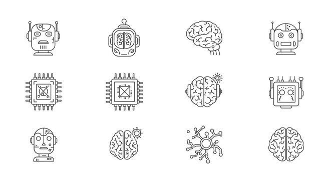 Artificial intelligence icons set featuring robots and human brains