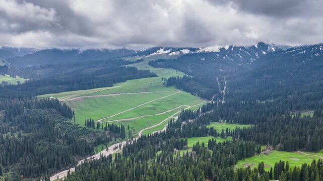 Aerial Time-lapse of Kordelin Forest and Grassland in Yili, Xinjiang, China