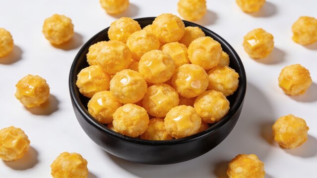 Savory cheese-flavored corn puffs in a black bowl on a white background.
