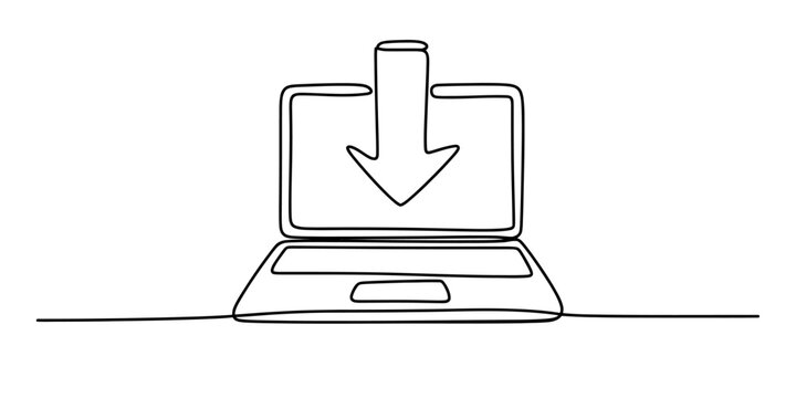 One line drawing of a laptop with a download arrow icon on the screen representing data transfer Vector, illustration