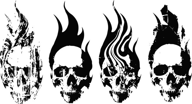 Four skull silhouettes with flaming mohawks in black and white grunge style, punk rock and edgy design elements
