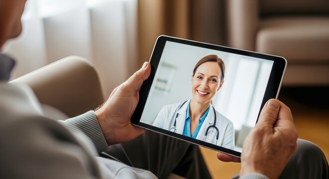 Senior patient using a tablet for a telemedicine consultation with a smiling female doctor, demonstrating remote healthcare, virtual medical advice, and digital health technology.