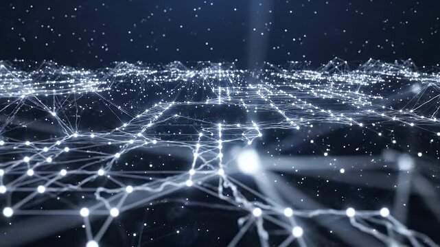 An abstract, glowing network of connected dots and lines against a dark background