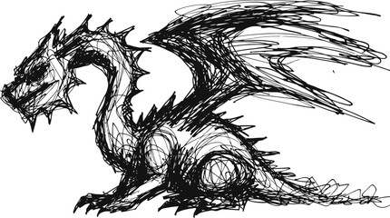 Fototapeta premium abstract sketch of a mythical dragon with wings and spiked body in black ink drawing