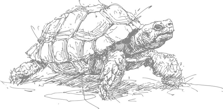 Detailed hand drawn tortoise illustration, reptile walking on ground, nature wildlife sketch