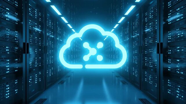 A bright blue cloud icon with an abstract network symbol glows in a dark data center server room. Rows of illuminated server racks line the hallway.