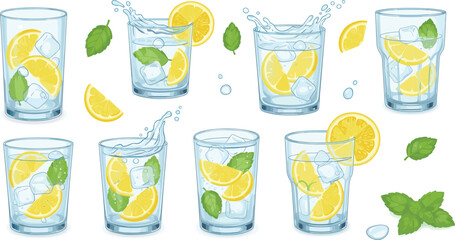 Lemon water drinks collection with ice cubes mint leaves and refreshing citrus beverage glasses vector illustration set © EdGe Creative