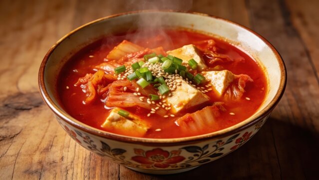 Top view of kimchi soup with tofu in a ceramic bowl on wood.
