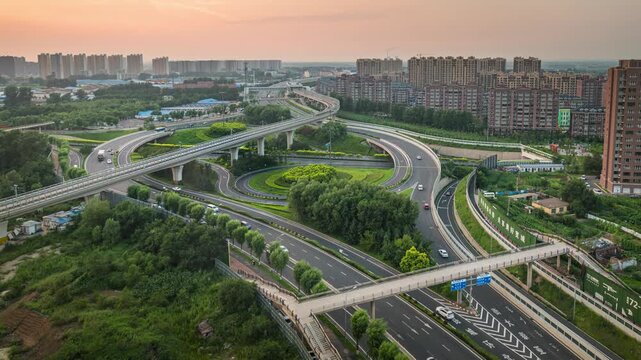 Day to night traffic time-lapse of Yatai North Ring Overpass, Changchun, Jilin, China