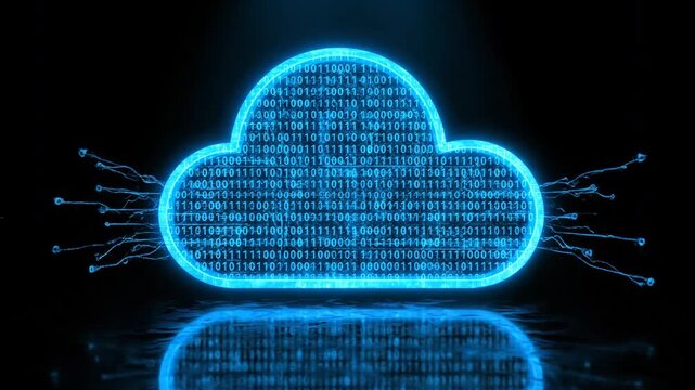 A vibrant blue digital cloud icon composed of binary code illuminates in a spotlight. Set against a dark, reflective surface, this futuristic symbol represents data and technology.