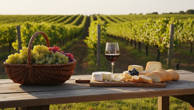 A rustic wooden table holding a woven basket of fresh grapes, a glass of red wine, and a platter of assorted cheeses and crusty bread, set against the backdrop of a serene vineyard.