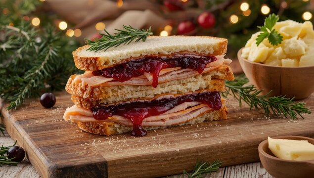 Turkey sandwich with cranberry stuffing and potatoes from Thanksgiving leftovers.