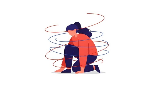 Woman feeling overwhelmed and trapped by tangled lines representing stress and mental health struggles.