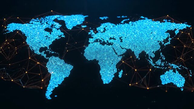 Abstract glowing digital map of the world made of blue data points and interconnected orange network lines on a dark background representing global connectivity and technology.