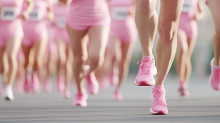 Naklejka premium a breast cancer survivor crossing the finish line, with supporters cheering and pink confetti in the air