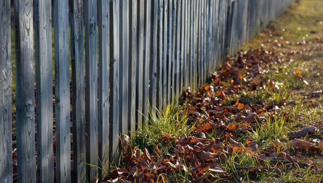 A shadowbox fence of aged grey wood extends into the distance, surrounded by brown leaves.