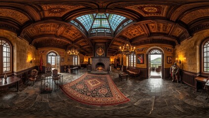 Obraz premium complete uninterrupted 360-degree HDRI panorama of a renovated medieval castle in equirectangular format, suitable for VR content
