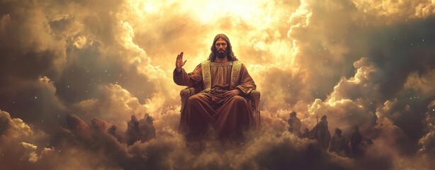 Jesus sitting on the throne in heaven and welcoming his followers. Second coming of Jesus Christ. Biblical scene. Christian religion concept, bright optimistic background