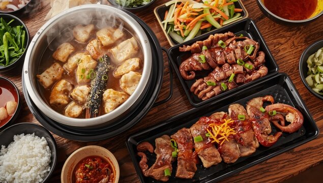 Korean cuisine featuring stir-fried chicken, octopus, bulgogi, hot pot, and various sides.