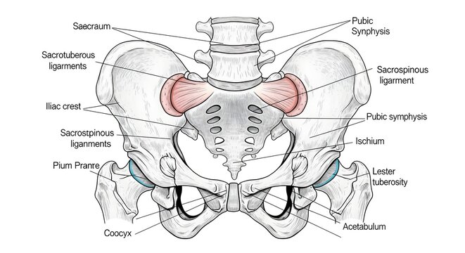 High detailed anatomical drawing of pelvis and sacroiliac region showing sacrum, ilium, pubis, ischium, acetabulum and key sacrospinous, sacrotuberous and pubic ligaments labeled for orthopedic, obste
