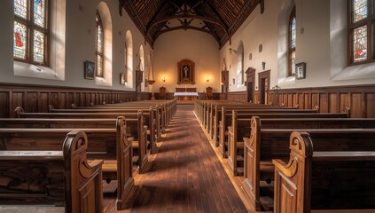 Vacant church benches in a European Protestant church. Broad perspective, natural light, unoccupied.