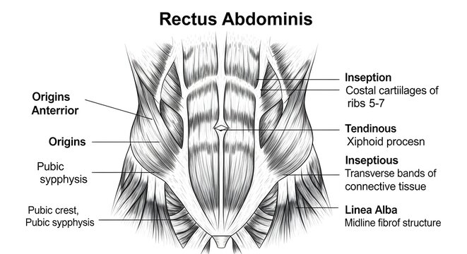 High detailed anatomical drawing of rectus abdominis muscle showing origins at pubic crest and symphysis, insertions at costal cartilages and xiphoid process with linea alba and tendinous bands labele