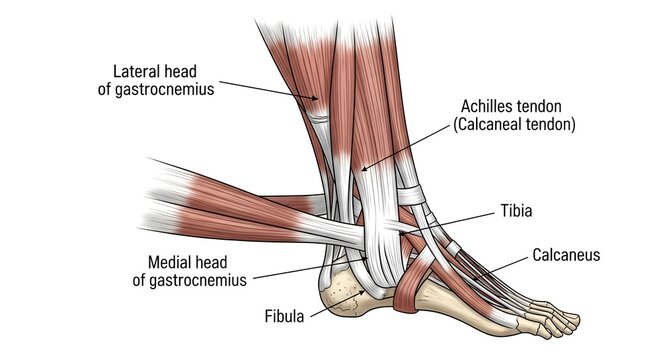High detailed anatomical medical illustration of ankle, Achilles tendon and gastrocnemius muscle showing medial and lateral heads with tibia, fibula and calcaneus labeled, ideal for sports injury, sur