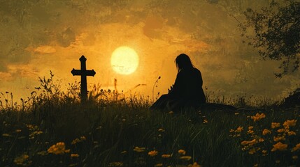 Silhouette of a woman sitting on the grass praying in front of a cross at sunset